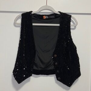 Zara Black Sequin Cropped Vest Blouse size M